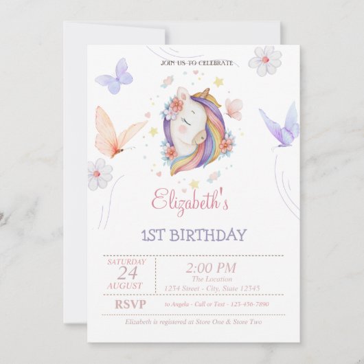 かわいいユニコーン蝶カラフルストライプ誕生日 招待状 (正面)