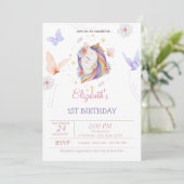 かわいいユニコーン蝶カラフルストライプ誕生日 招待状 (スタンド正面)