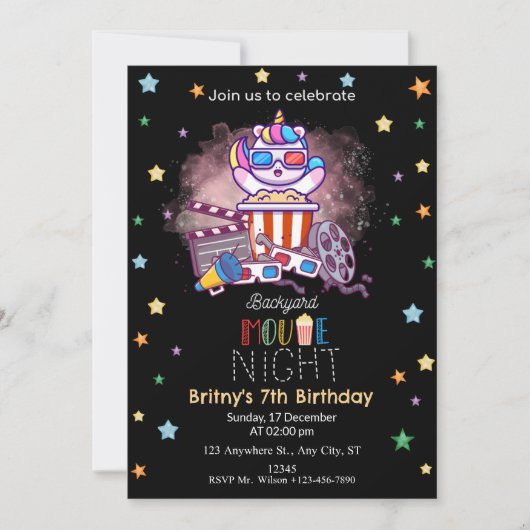 かわいいユニコーン裏庭の映画の夜の誕生日パーティー 招待状 (正面)