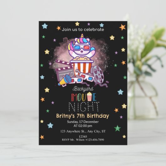 かわいいユニコーン裏庭の映画の夜の誕生日パーティー 招待状 (スタンド正面)