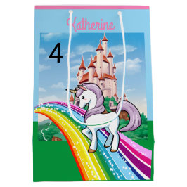 かわいいユニコーン誕生日パーソナライズ少女の名前の年齢 ミディアムペーパーバッグ