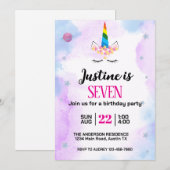 かわいいユニコーン誕生日パーティー 招待状 (正面/裏面)