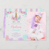 かわいいユニコーン誕生日フローラマジカルユニコーン写真 招待状 (正面/裏面)