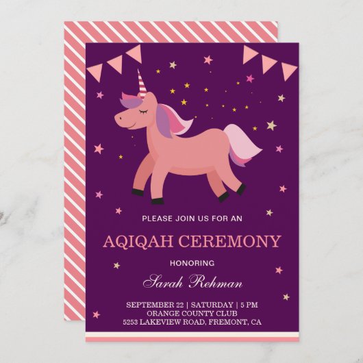 かわいいユニコーン赤ちゃんガールアクイカ 招待状 (正面/裏面)