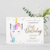 かわいいユニコーン赤ちゃん女の子の最初の誕生日パーティー 招待状 (スタンド正面)