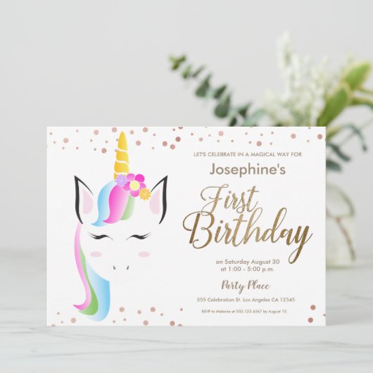 かわいいユニコーン赤ちゃん女の子の最初の誕生日パーティー 招待状 (スタンド正面)