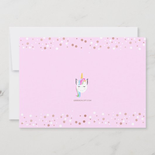 かわいいユニコーン赤ちゃん女の子の最初の誕生日パーティー 招待状 (裏面)