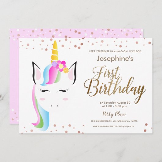 かわいいユニコーン赤ちゃん女の子の最初の誕生日パーティー 招待状 (正面/裏面)