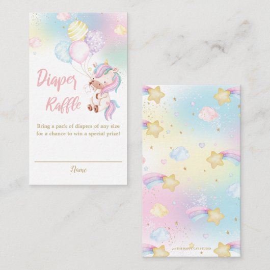 かわいいユニコーン赤ちゃん女の子シャワーおむつラッフル エンクロージャーカード (正面/裏面)