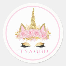 かわいいユニコーン顔ピンク金ゴールド赤ちゃんシャワーステッカー ラウンドシール