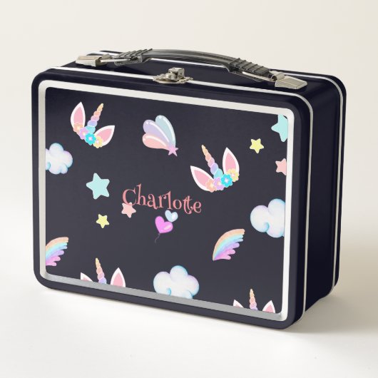 かわいいユニコーン顔レインボーグラデーション誕生日パーティー メタルランチボックス (正面)