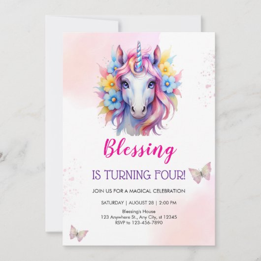 かわいいユニコーン顔誕生日 招待状 (正面)