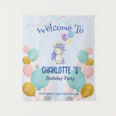 かわいいユニコーン風船虹色の誕生日パーティーの子供たち タペストリー (正面)