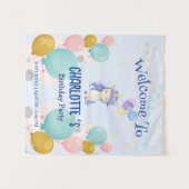 かわいいユニコーン風船虹色の誕生日パーティーの子供たち タペストリー (正面(横))