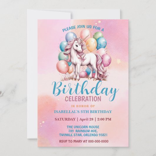 かわいいユニコーン魔法の王女のガーリー誕生日の子供 セーブザデート (正面)