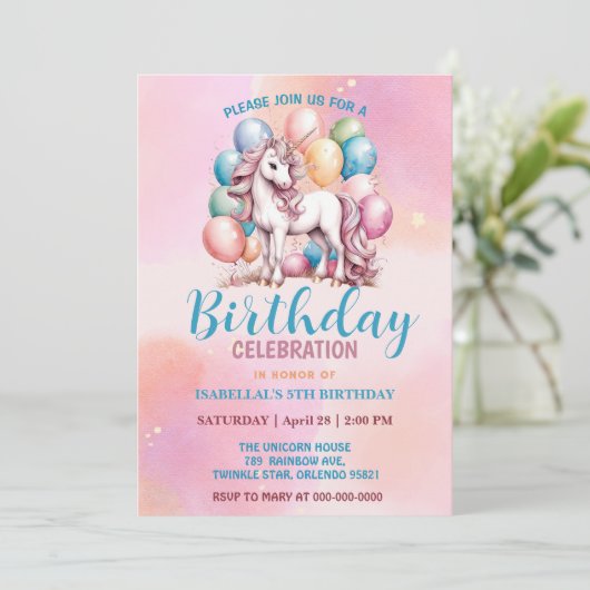 かわいいユニコーン魔法の王女のガーリー誕生日の子供 セーブザデート (スタンド正面)