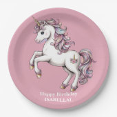 かわいいユニコーン魔法の王女のガーリー誕生日の子供 ペーパープレート (正面)