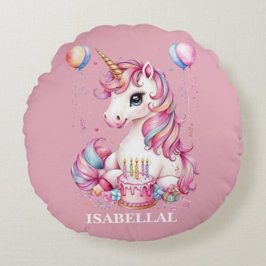 かわいいユニコーン魔法の王女のガーリー誕生日の子供 ラウンドクッション (正面)