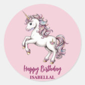 かわいいユニコーン魔法の王女のガーリー誕生日の子供 ラウンドシール (正面)