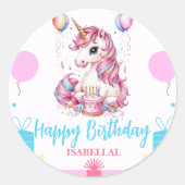 かわいいユニコーン魔法の王女のガーリー誕生日の子供 ラウンドシール (正面)