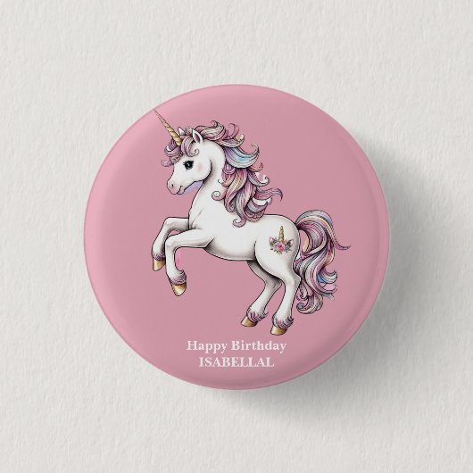 かわいいユニコーン魔法の王女のガーリー誕生日の子供 缶バッジ (正面)