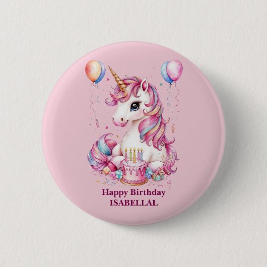 かわいいユニコーン魔法の王女のガーリー誕生日の子供 缶バッジ (正面)