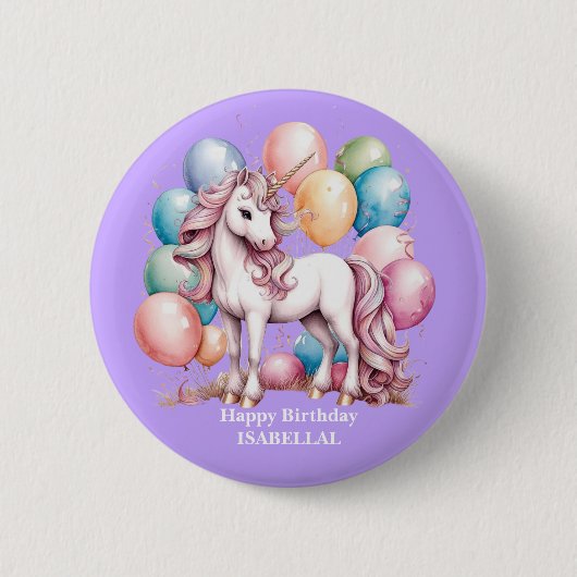 かわいいユニコーン魔法の王女のガーリー誕生日の子供 缶バッジ (正面)