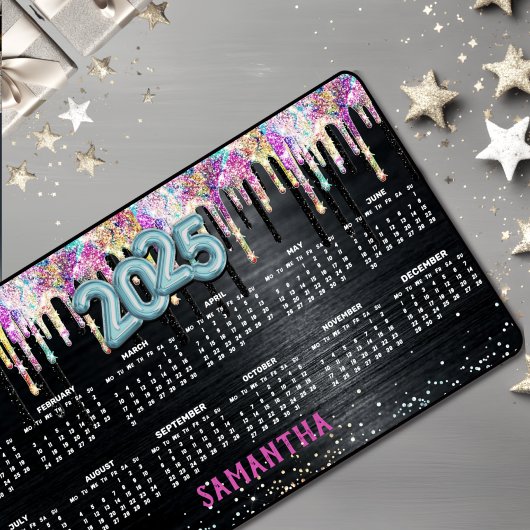 かわいいユニコーン黒グリッター誕生日モノグラム2025 デスクマット