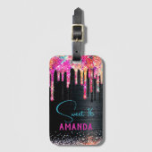 かわいいユニコーン黒グリッター誕生日モノグラム ラゲッジタグ (正面縦)