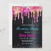 かわいいユニコーン黒グリッター誕生日モノグラム 招待状 (正面)