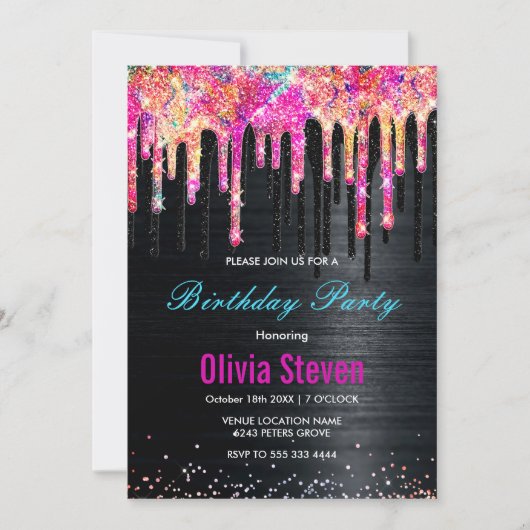 かわいいユニコーン黒グリッター誕生日モノグラム 招待状 (正面)