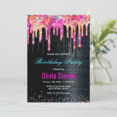 かわいいユニコーン黒グリッター誕生日モノグラム 招待状 (スタンド正面)