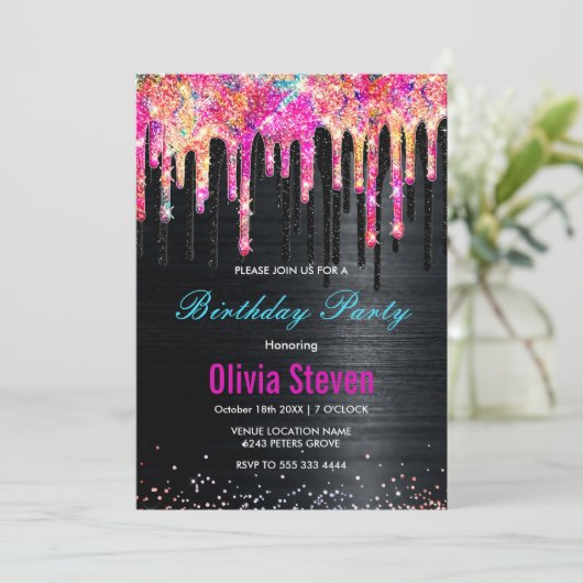 かわいいユニコーン黒グリッター誕生日モノグラム 招待状 (スタンド正面)