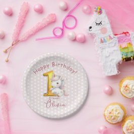 かわいいユニコーン1歳の誕生日と白い水玉模様 ペーパープレート