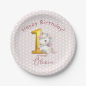 かわいいユニコーン1歳の誕生日と白い水玉模様 ペーパープレート (正面)