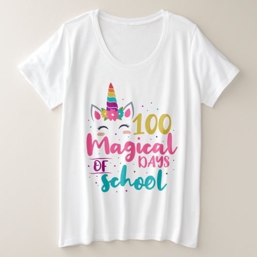 かわいいユニコーン100魔法の学校の日 プラスサイズTシャツ (デザイン正面)