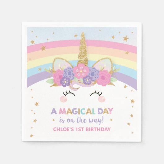 かわいいユニコーン1st誕生日パーティーレインボーセビトス スタンダードカクテルナプキン (正面)