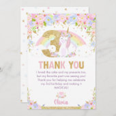 かわいいユニコーン3歳の誕生日虹のフローラありがとう サンキューカード (正面/裏面)