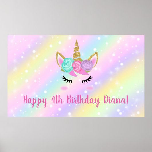 かわいいユニコーン4歳の誕生日ガール ポスター (正面)