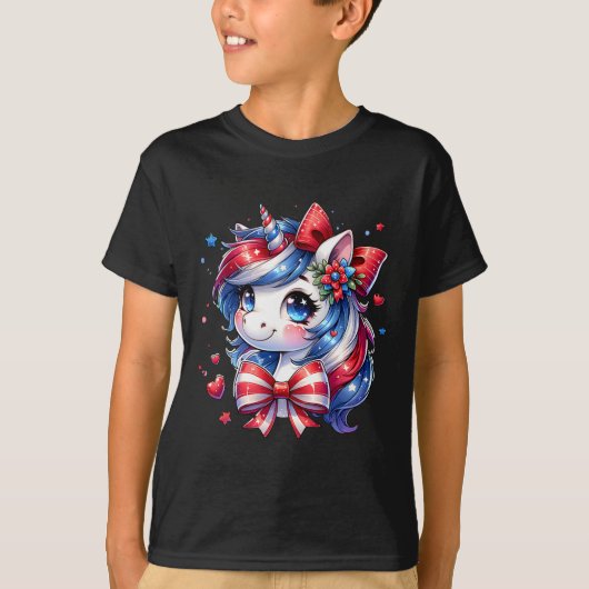 かわいいユニコーン7月の女の子の子のアメリカ国旗 Tシャツ (正面)