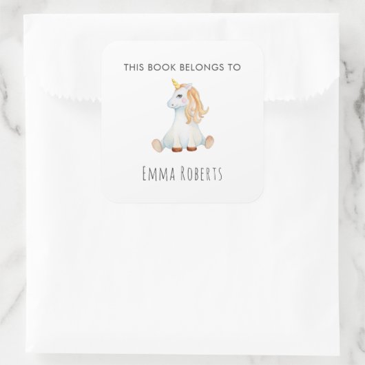 かわいいユニコーン「この本は属する」子供たちの蔵書票 スクエアシール (バッグ)