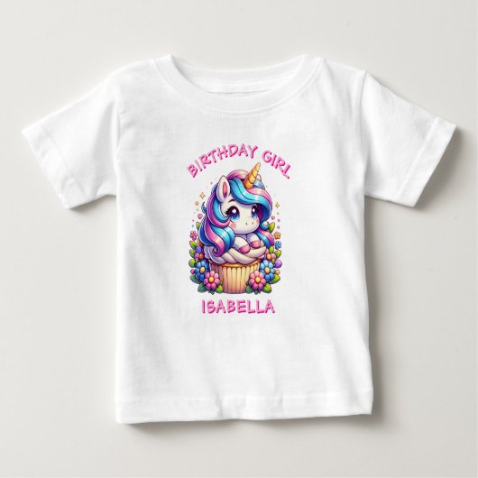 かわいいユニコーン&カップケーキパーソナライズされた誕生日ガール ベビーTシャツ (正面)