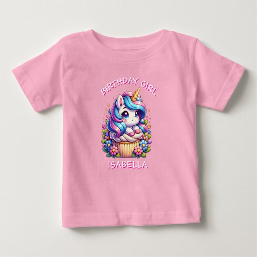 かわいいユニコーン&カップケーキパーソナライズされた誕生日ガール ベビーTシャツ (正面)