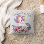 かわいいユニコーン、カラフルな星と水彩の花 クッション (ブランケット)