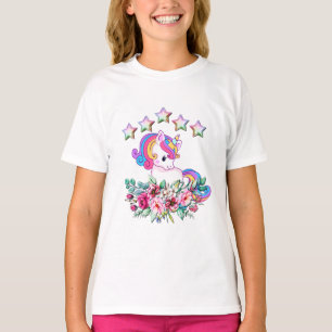 かわいいユニコーン、カラフルな星と水彩の花 Tシャツ