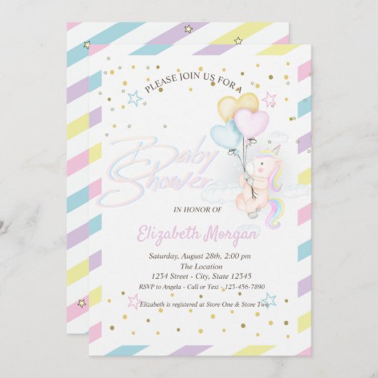 かわいいユニコーン、クラウド、バルーン星ベビーシャワー 招待状 (正面/裏面)