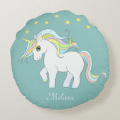 かわいいユニコーン&スターズオンライトティール(緑がかった色)ラウンドピロー ラウンドクッション (裏面)