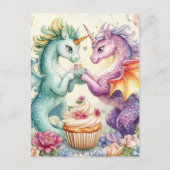 かわいいユニコーン+ドラゴン ケーキと花 ポストカード (正面)