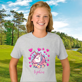 かわいいユニコーン、ピンクのハートと花、カスタムネーム Tシャツ