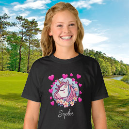 かわいいユニコーン、ピンクのハートと花、カスタムネーム Tシャツ